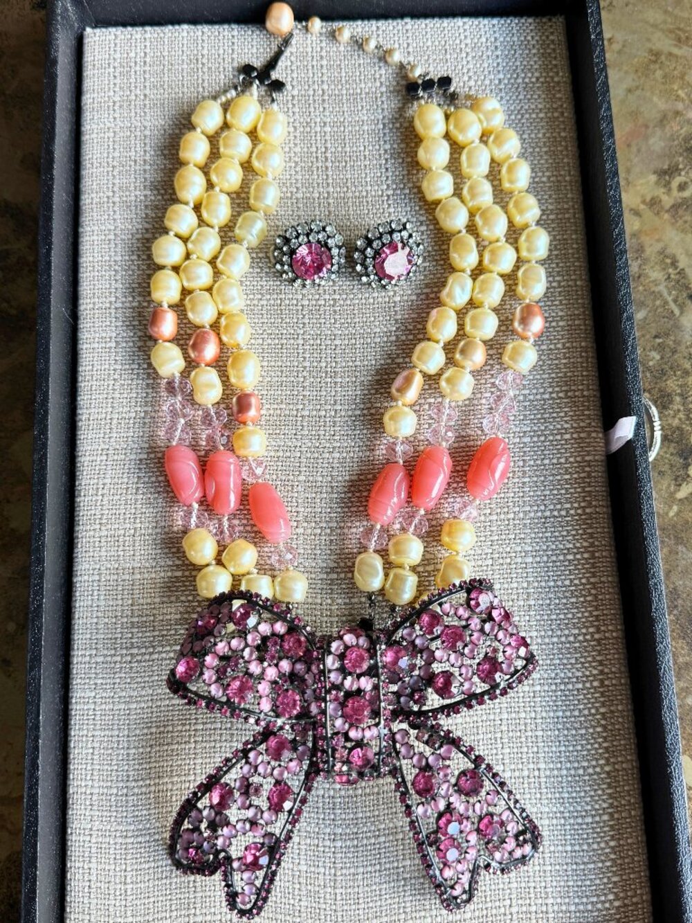 Vintage Lawrence “Larry” Vrba Signed Parure, Pink Rhinestone Bow Statement Set